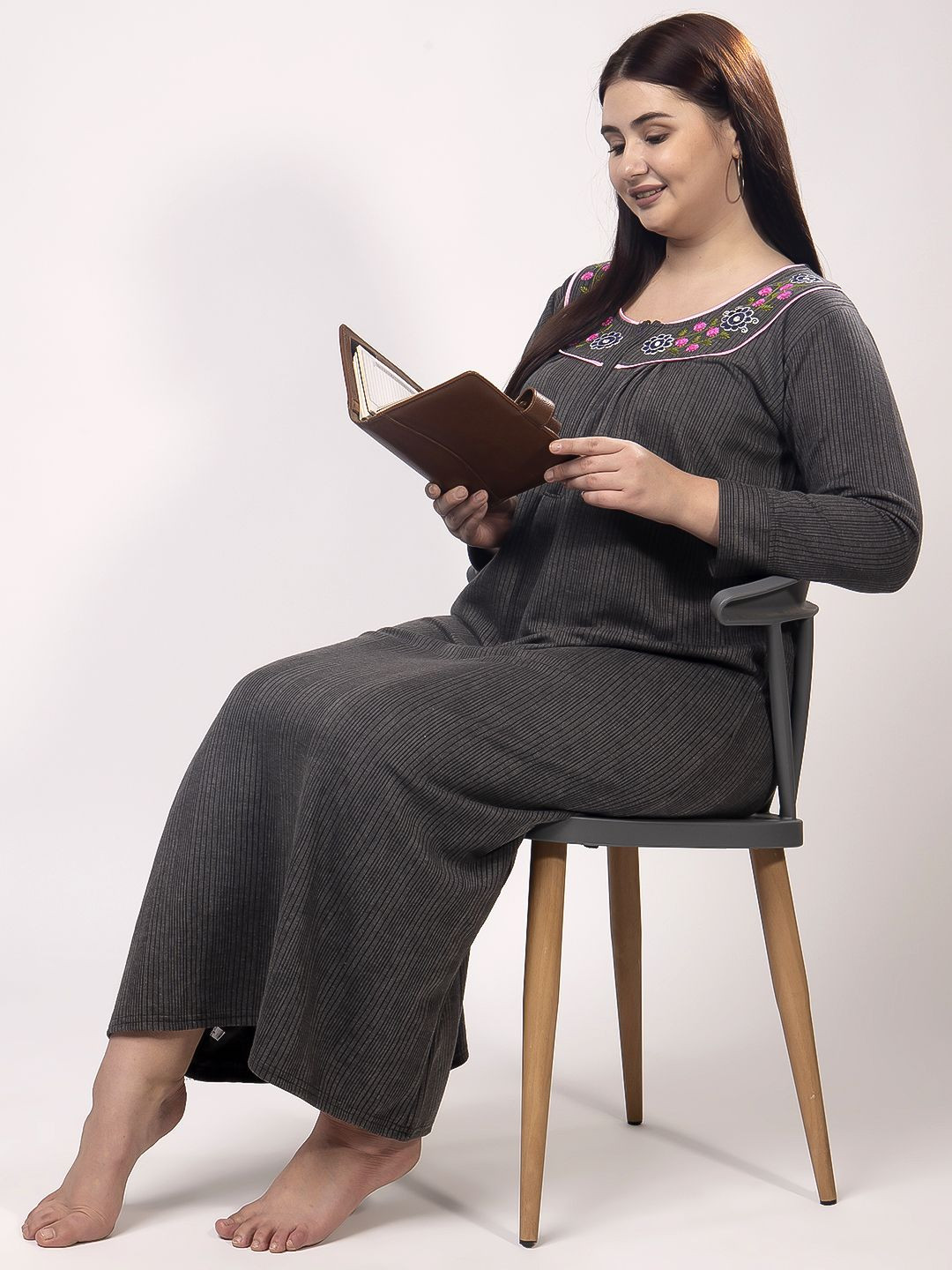 CHUI MUI Women Embroidered Round Neck Maxi Winter Nightdress