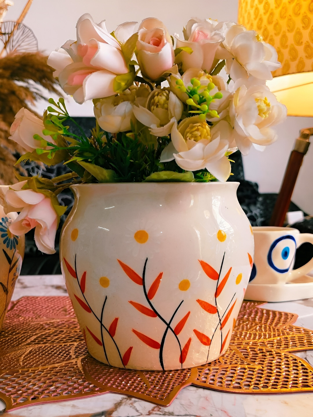 NIYARA Orange-Colored & White Printed Ceramic Round Planter