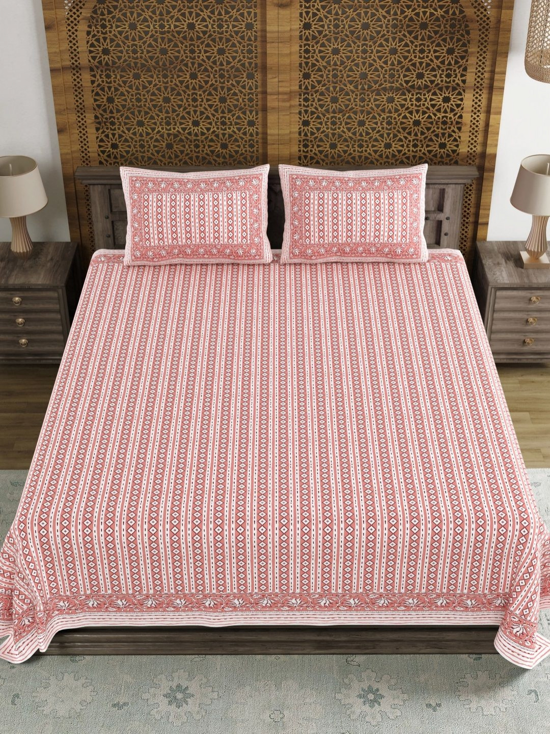 BLOCKS OF INDIA Pink Geometric Cotton 210 TC King Fine Bedsheet with 2 Pillow Covers-106 x 106 inches