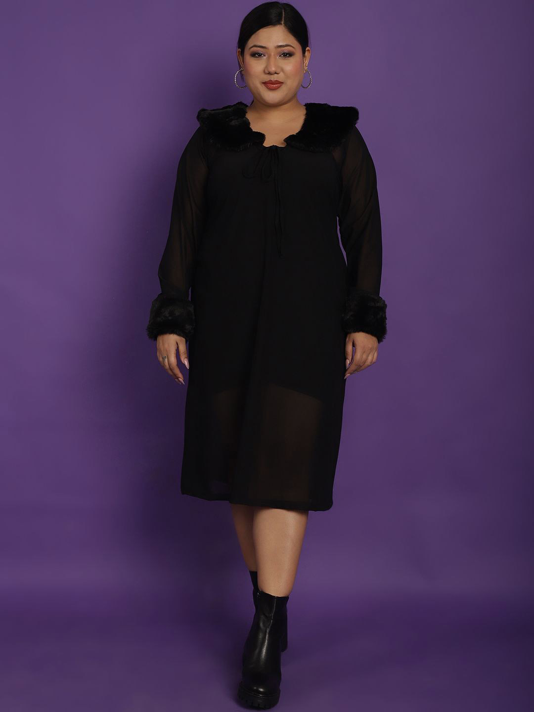 theRebelinme Women Plus Size Tie-Up Neck Semi Sheer A-Line Dress