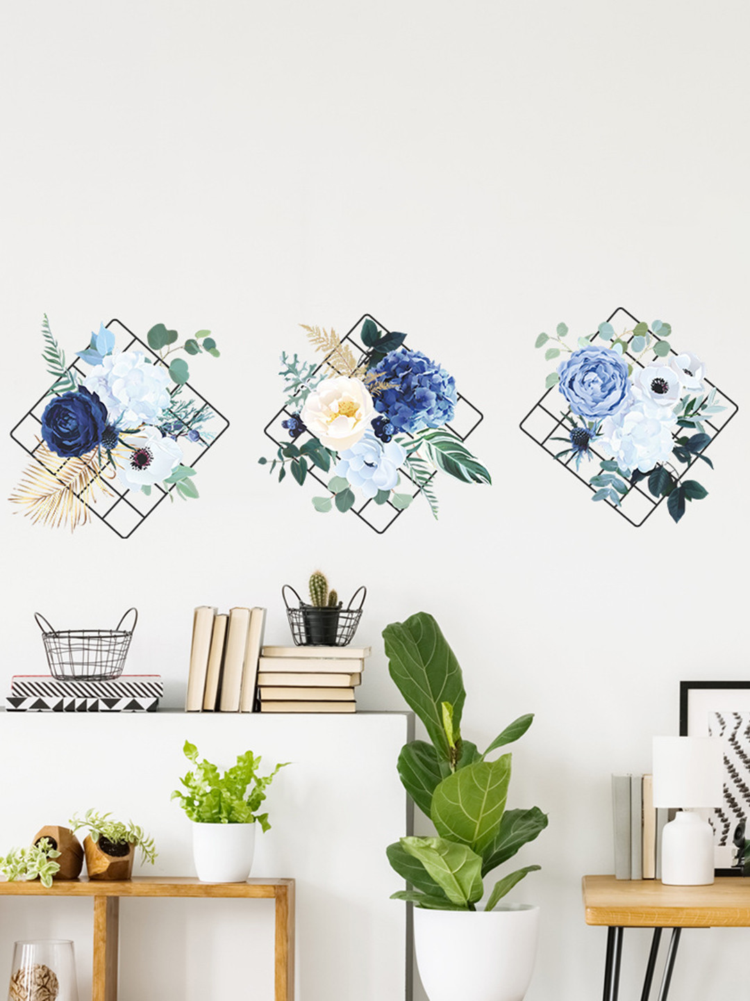 Asian royal Blue & Green Peony Flower Printed Anti-Oil Decals And Stickers