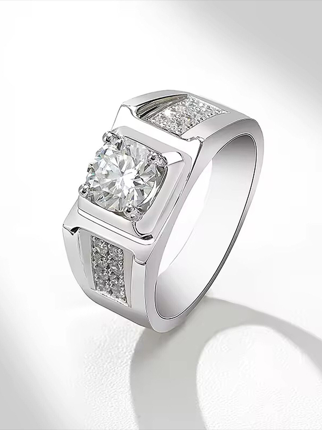 Lila Men Sterling Silver-Plated American Diamond Stone Studded Adjustable Finger Ring