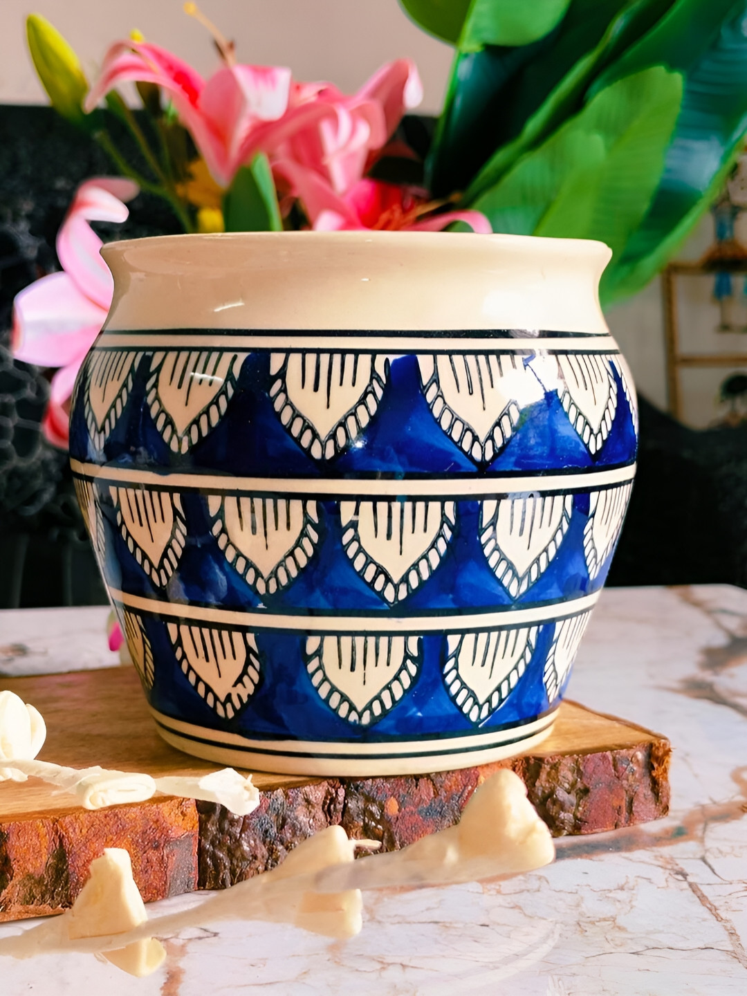 NIYARA White & Blue Hand painted Ceramic Planter