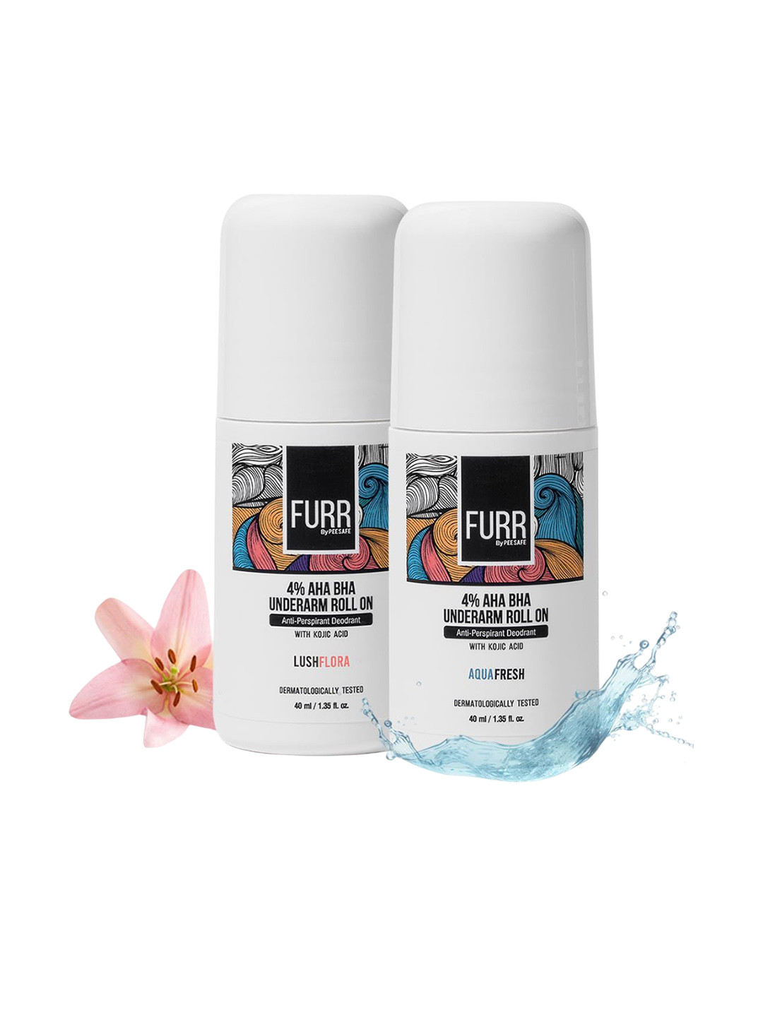 FURR BY PEE SAFE Lushflora & Aqua Fresh Set Of 2 4% AHA BHA Underarm Roll On - 40 ml Each