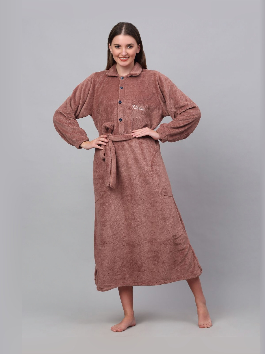 KLOTTHE Rust Solid Wool Drawstring Maxi Bath Robe-L