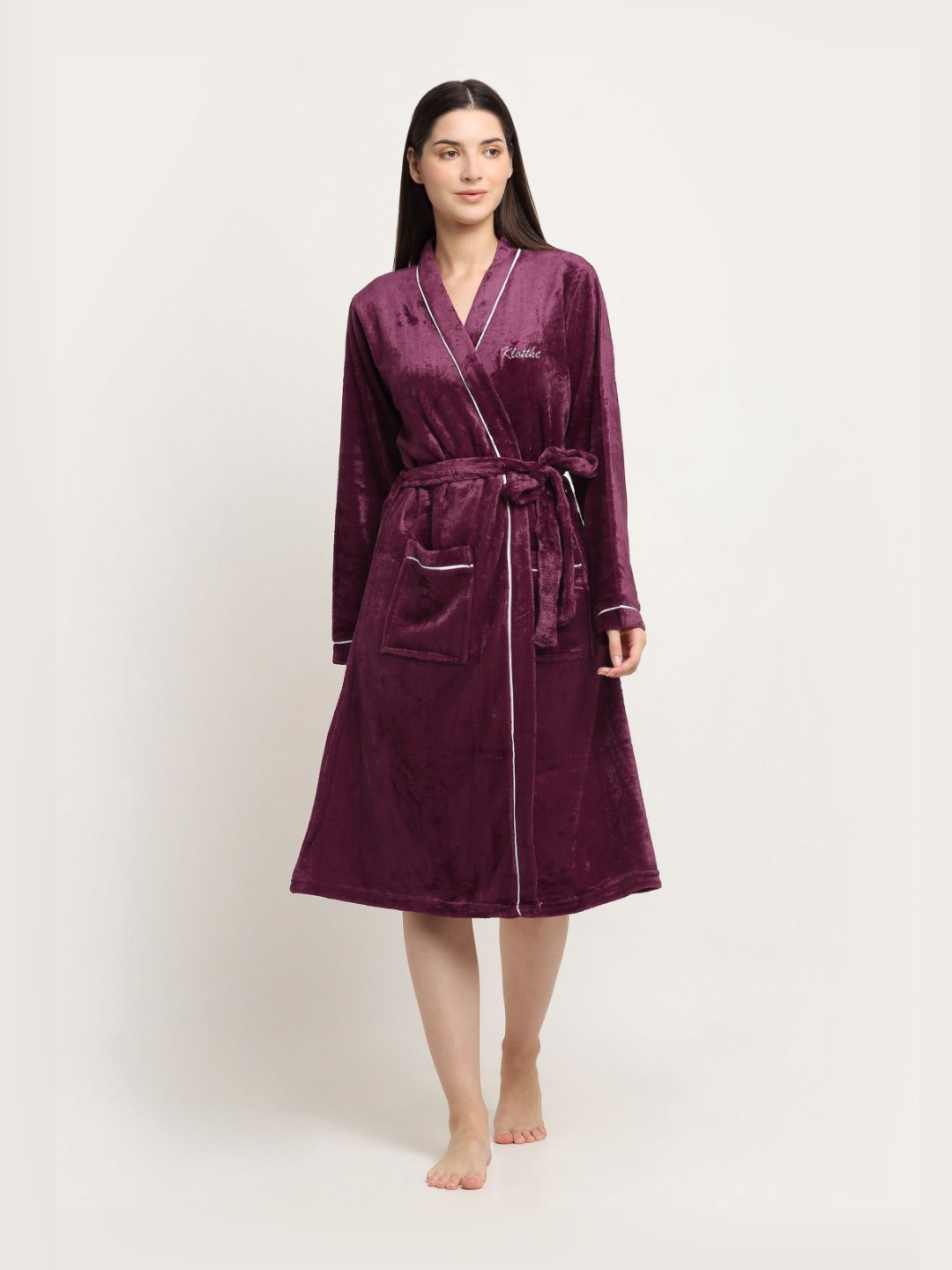 KLOTTHE Maroon Solid Wool Drawstring Knee Length Bath Robe-M