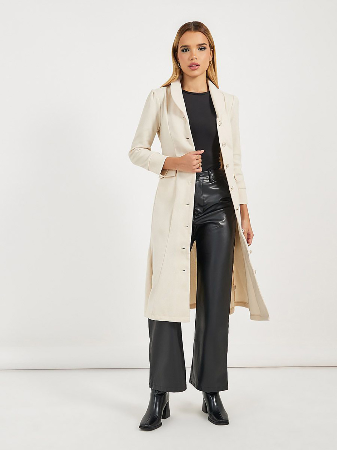 Styli Women Solid Shawl Collar Midi Length Coat