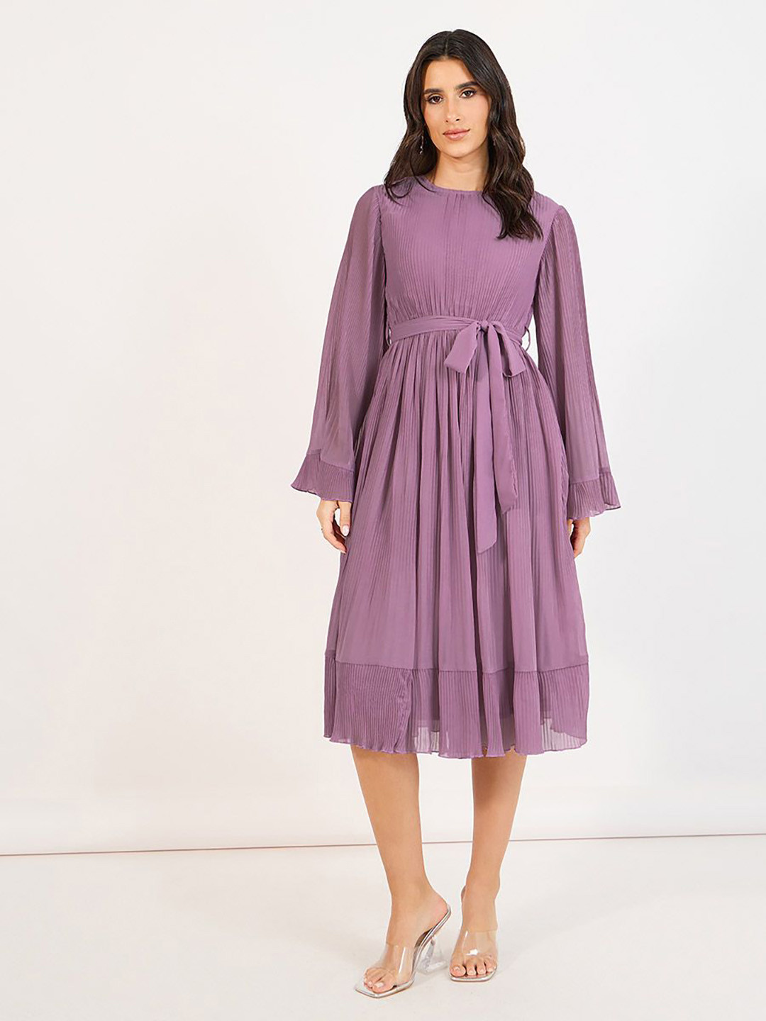 Styli Women Pleated A-Line Midi Length Dress With Flare Sleeves