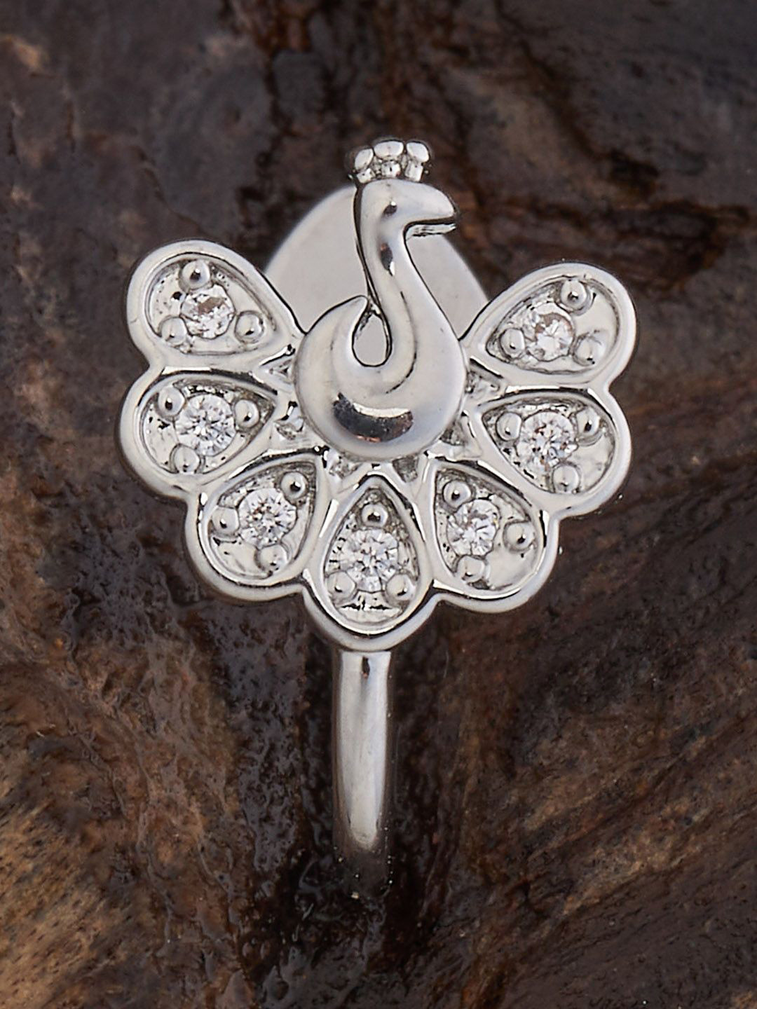 Kushal's Fashion Jewellery Rhodium-Plated CZ-Stone Studded Peacock Design Stud Nosepin