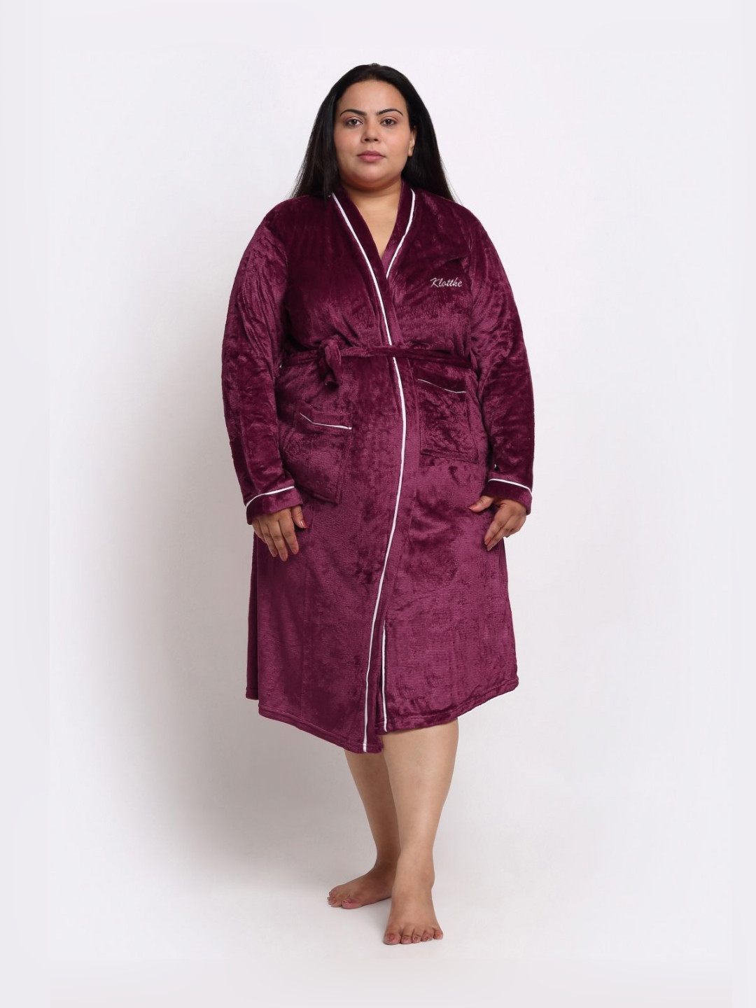KLOTTHE Burgundy Solid Wool Drawstring Midi Bath Robe-5XL