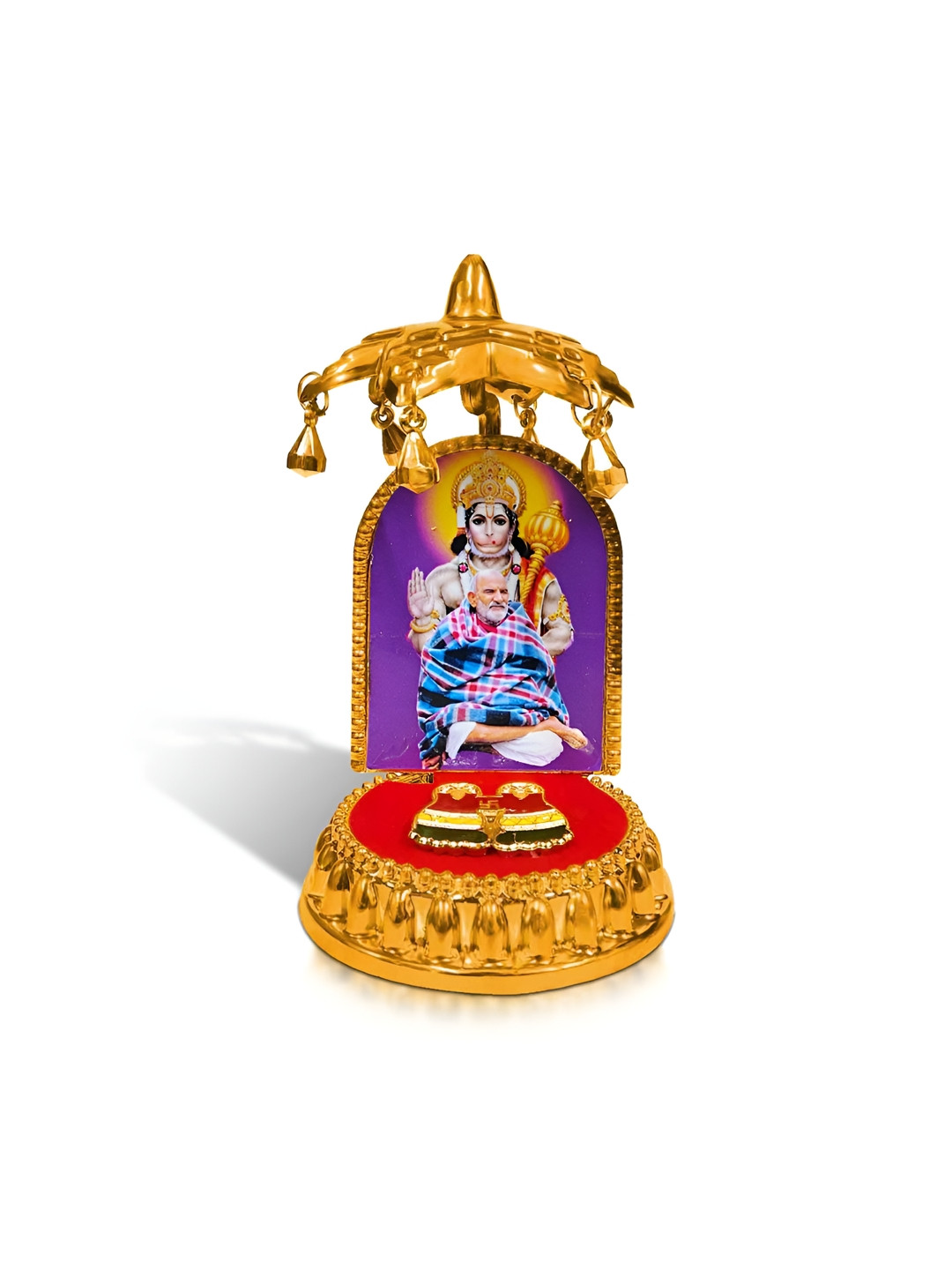 Adhvik Hanuman, Neem Karoli Baba with Charan Paduka Gold Resin Matte Prayer Room Medium Showpiece - 4.3 Inches