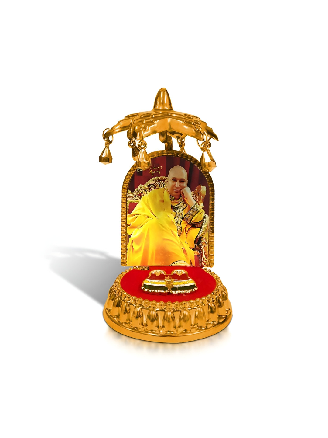 Adhvik Jai Guruji Swaroop Photo with Charan Paduka Gold Metal Metallic Prayer Room Medium Showpiece - 4.3 Inches
