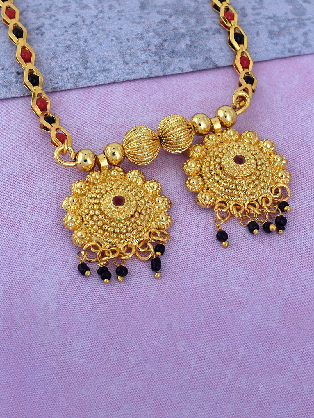 MEMOIR Gold-Plated Artificial Beads Single Vati CZ Studded Mangalsutra