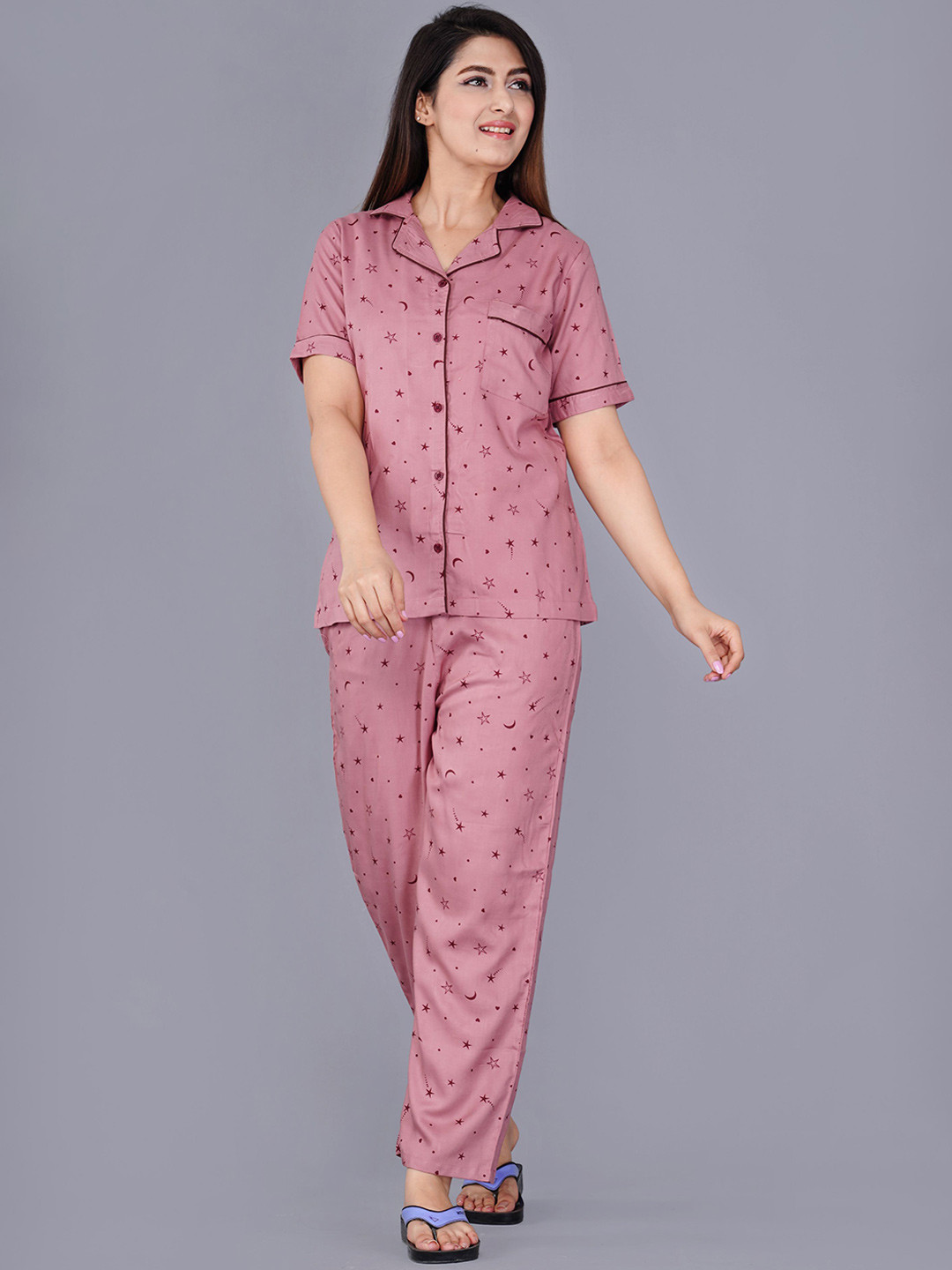 Dreambe Women Printed Shirt With Pyjama Nightsuit
