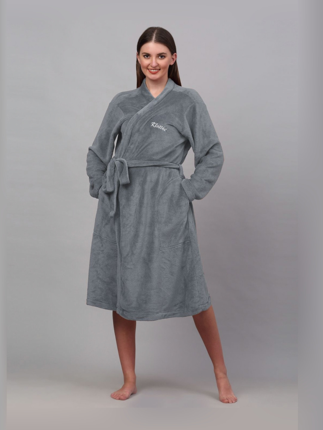 KLOTTHE Grey Solid Wool Drawstring Midi Bath Robe-S