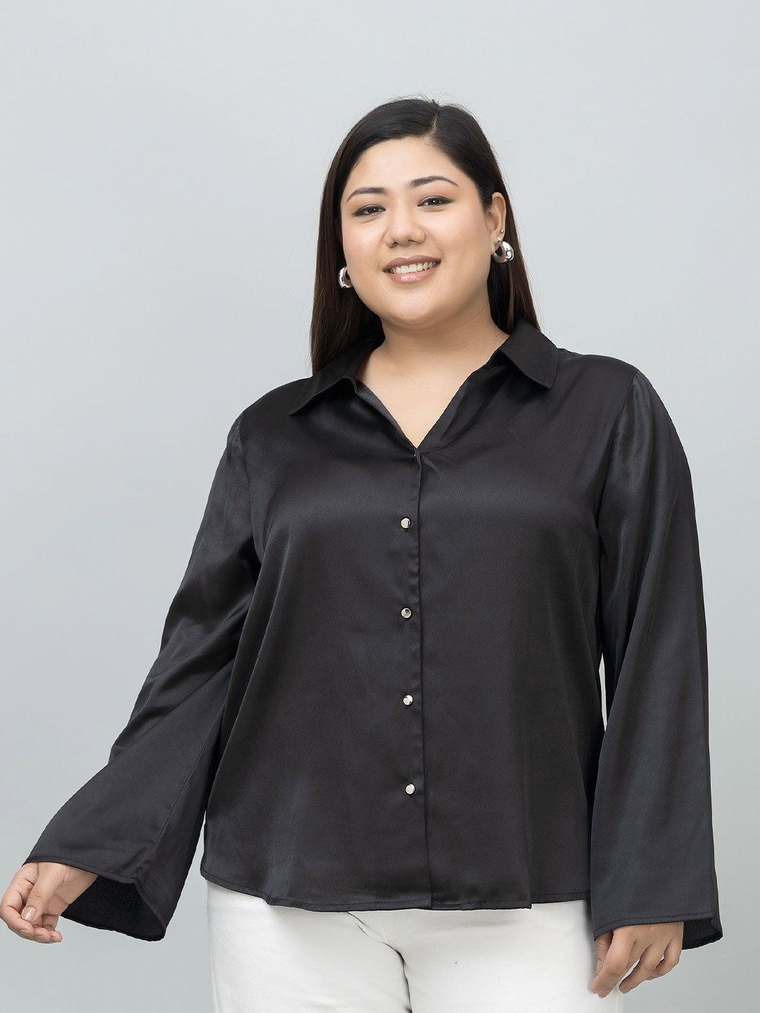 PURYS PLUS Women Solid Flared Sleeve Satin Formal Shirt