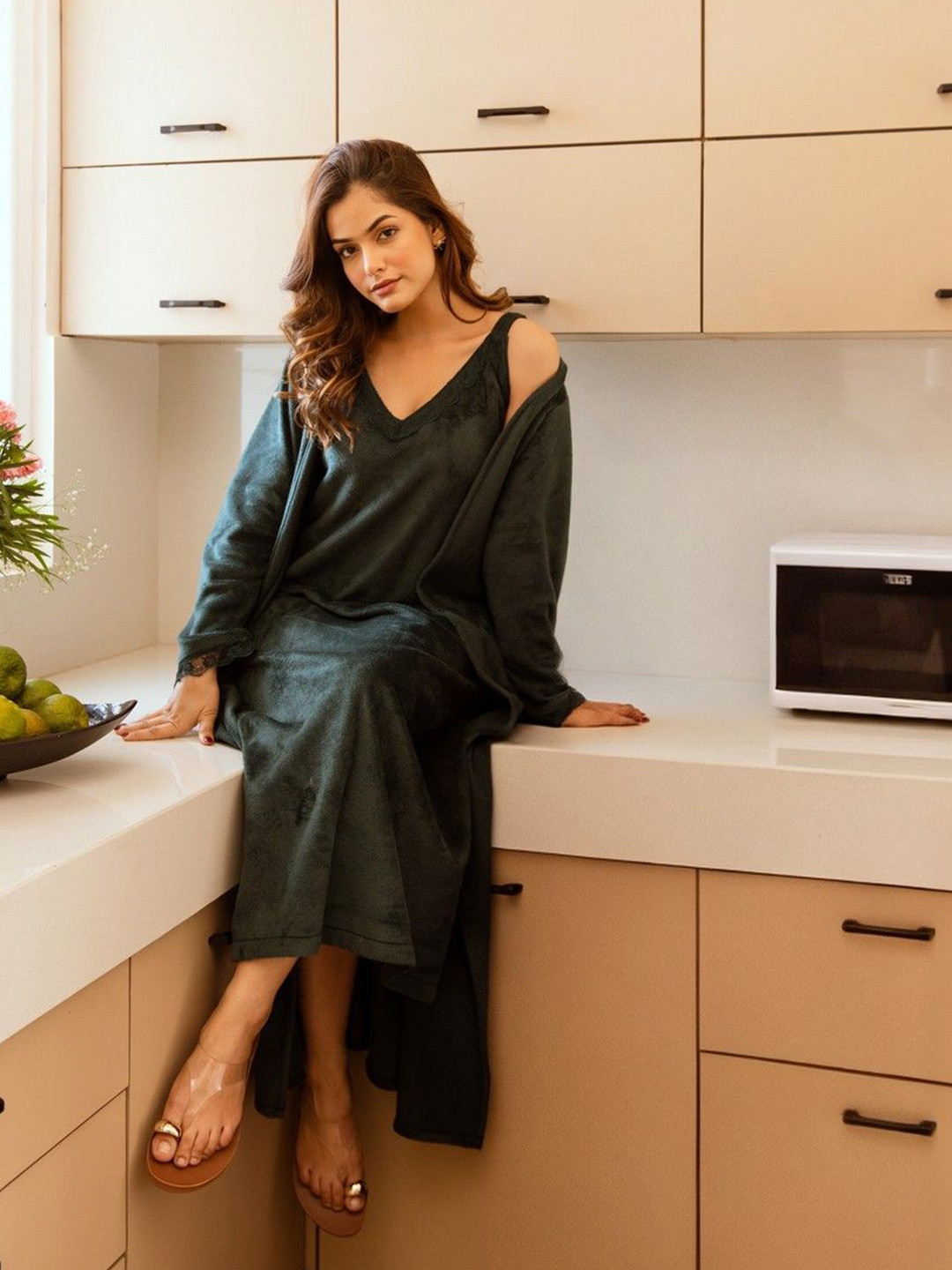 FEATHERS CLOSET Women V-Neck Woollen Maxi & Shrug Set