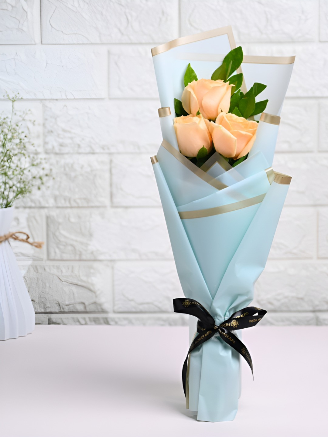 Floweraura 3-Pcs Peach & Blue Roses Fresh Flowers Bouquet