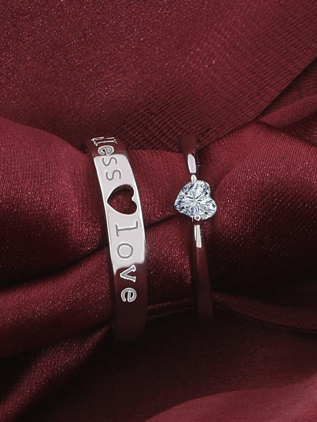 Lila Set Of 2 CZ Stone Studded Hearts Adjustable Ring