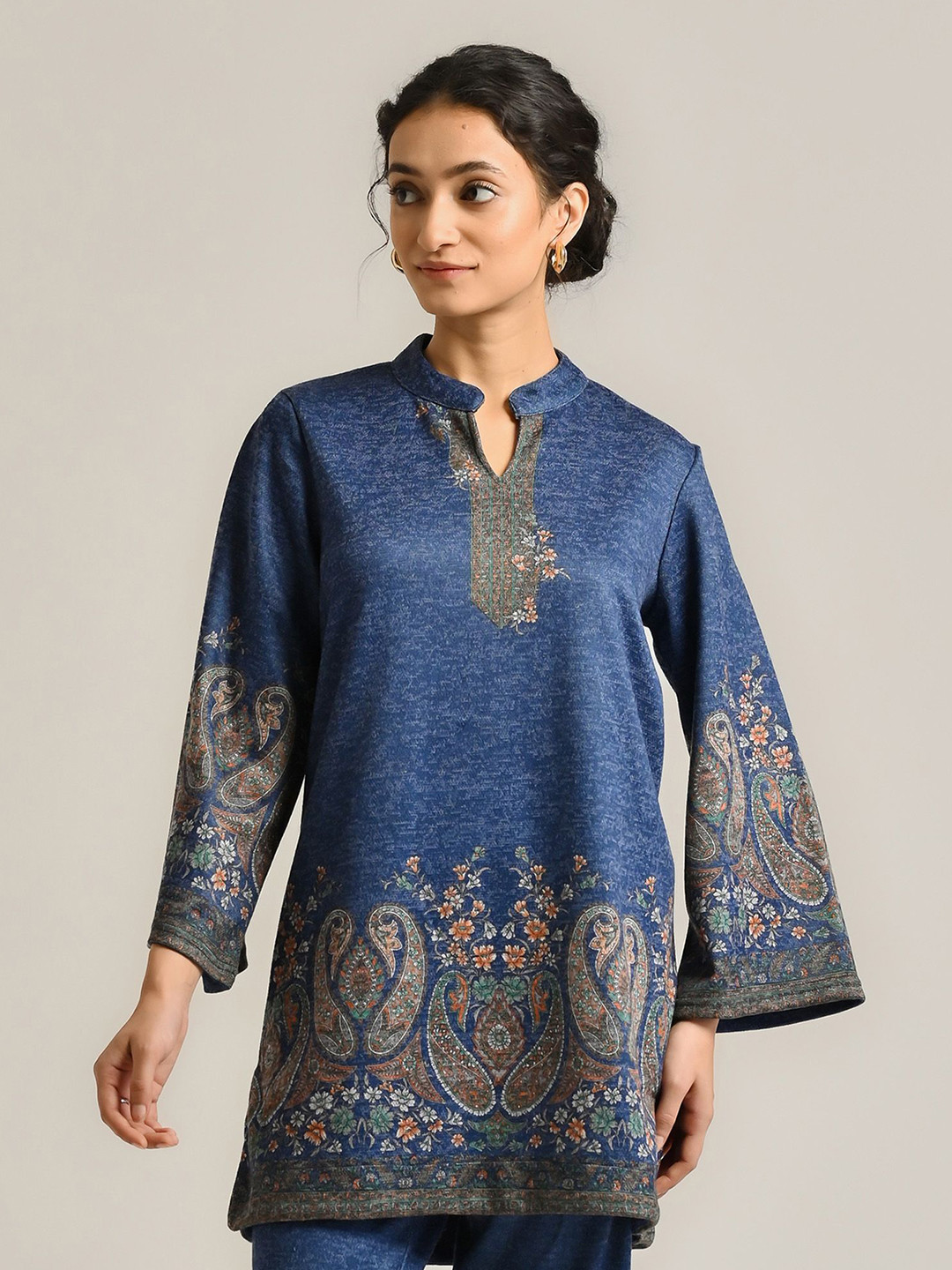 Rustorange Kashmiri Floral Printed Mandrain Collar Woollen A Line Kurta