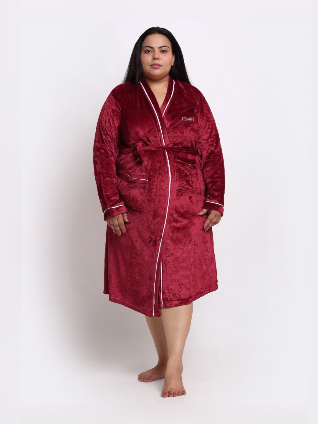 KLOTTHE Red Solid Wool Drawstring Midi Bath Robe-4XL