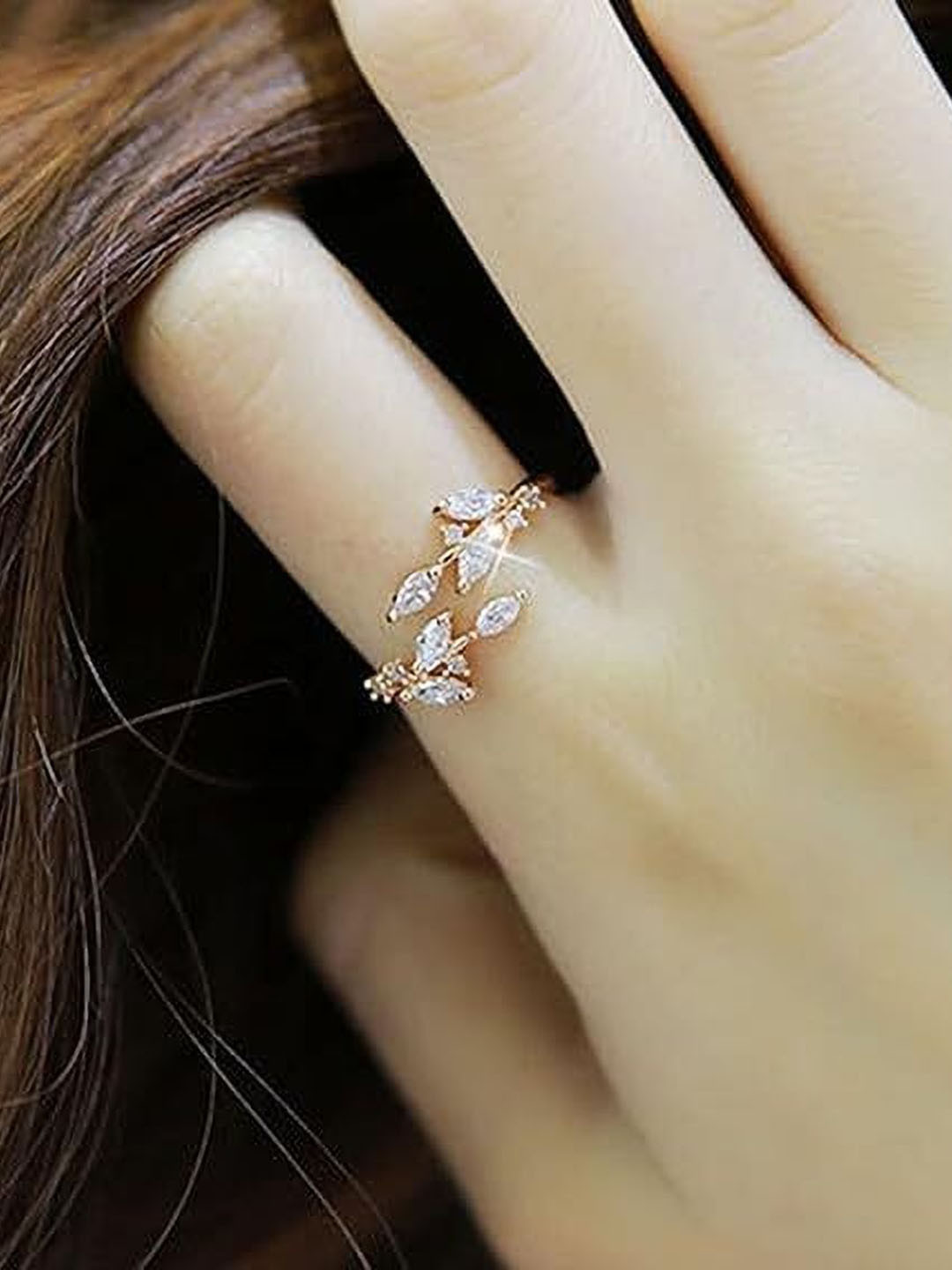Lila Copper-Plated CZ Stone-Studded Stainless Steel Adjustable Finger Ring