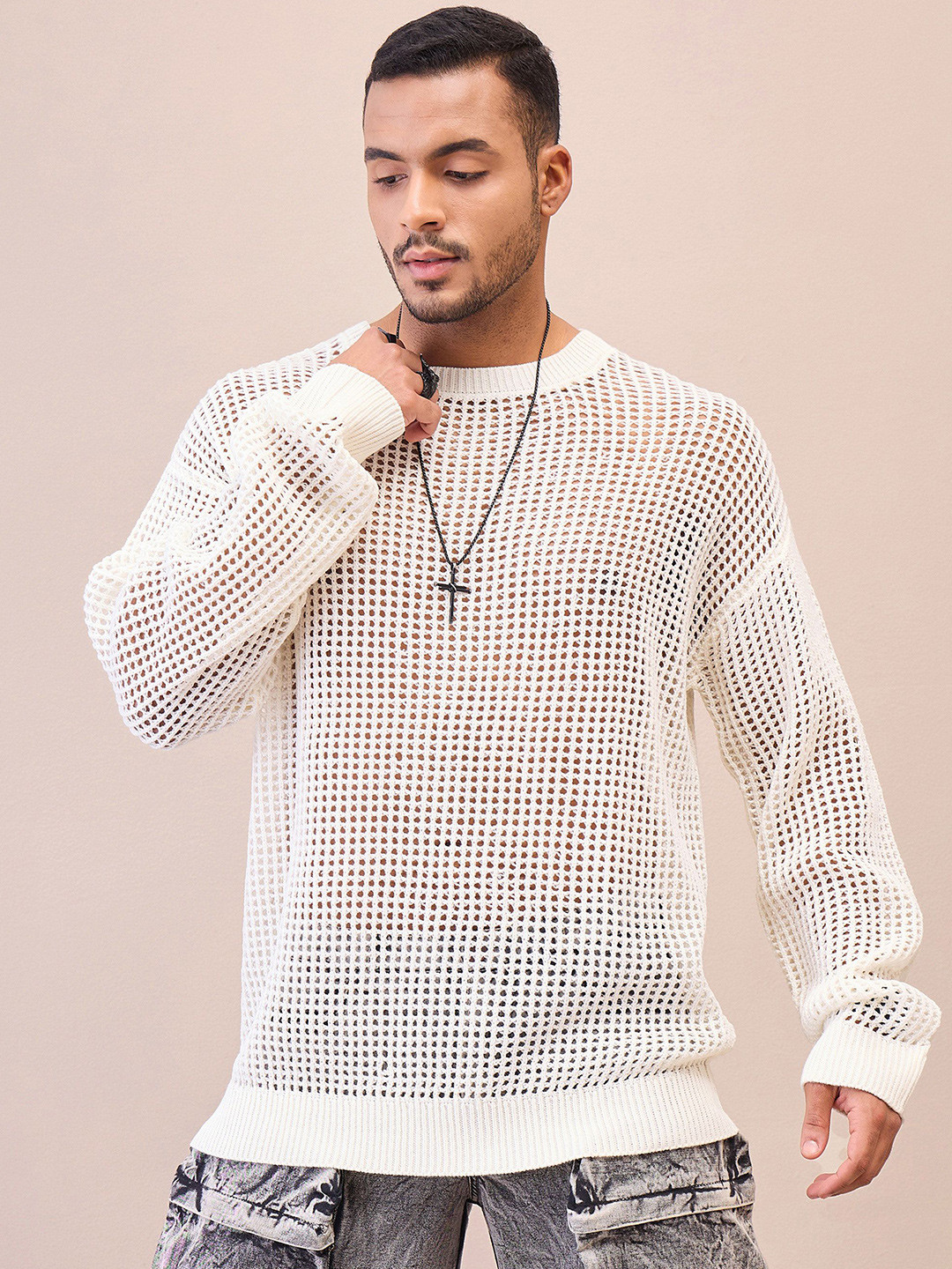 MASCLN SASSAFRAS Men Oversize Crochet Pullover Sweater