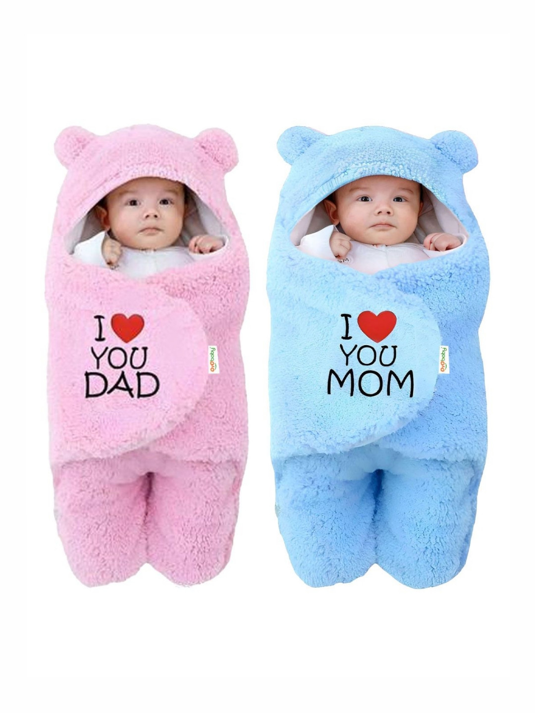 OyO Baby Kids Pink 2 Pieces Embroidered 550GSM Hooded Baby Blankets I love You Dad & Mom