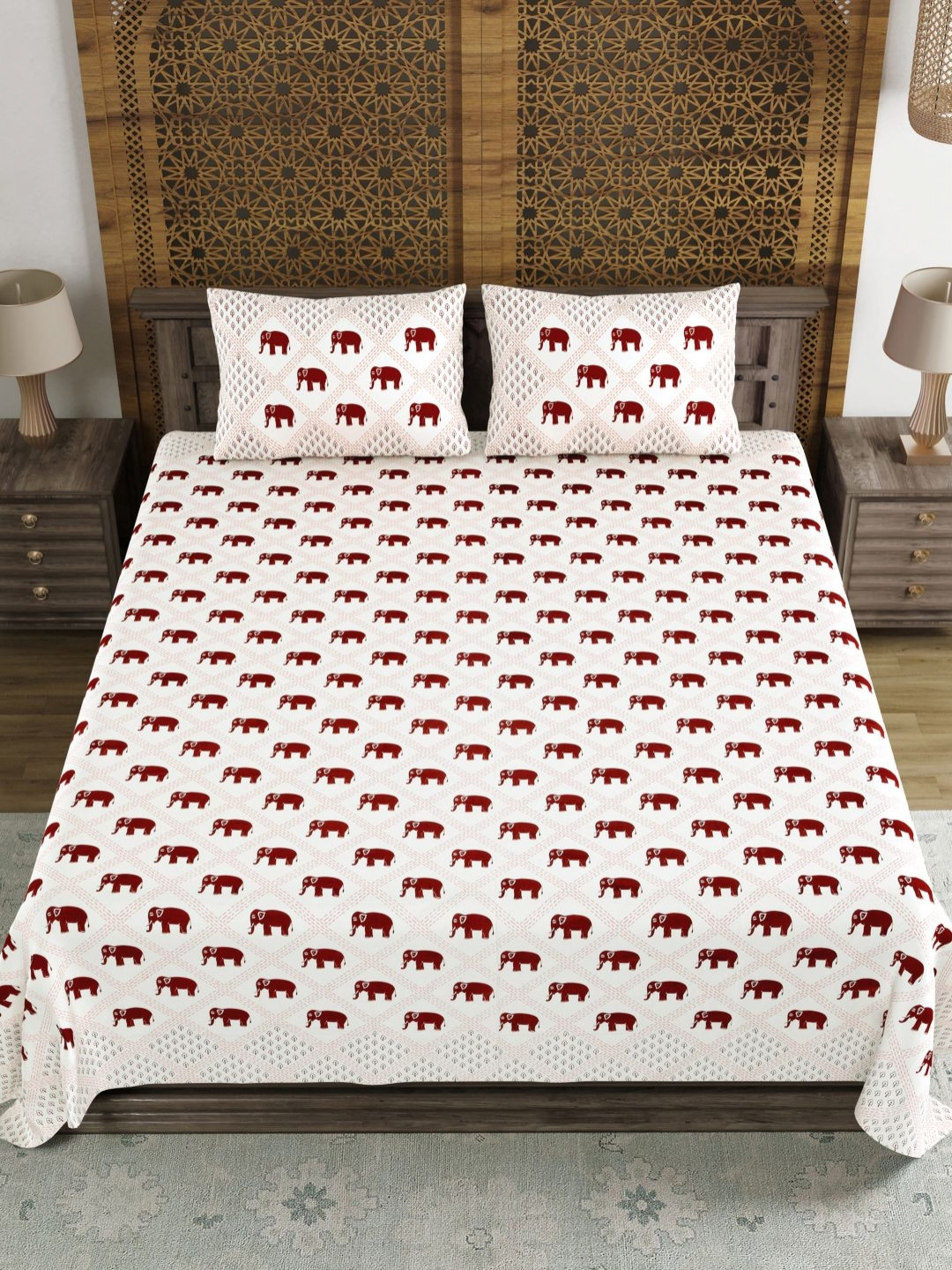 BLOCKS OF INDIA White Graphic Cotton 210 TC King Fine Bedsheet with 2 Pillow Covers-106 x 106 inches