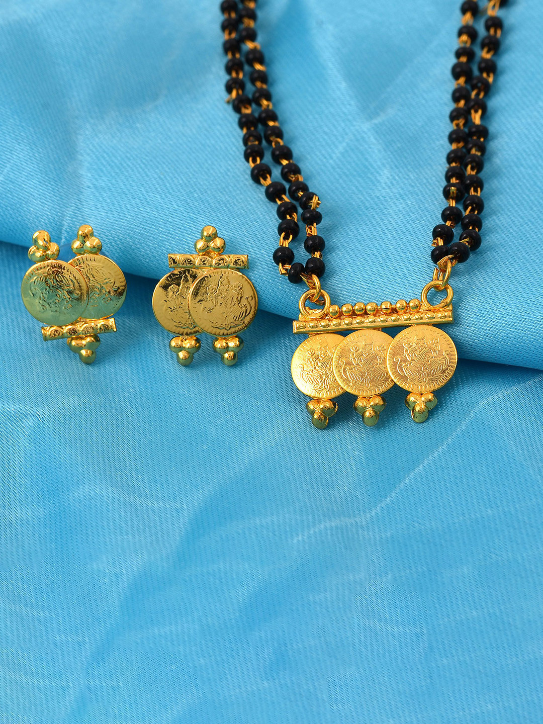 MEMOIR Gold-Plated Artificial Beads Three Coin Lakshmi Mangalsutra