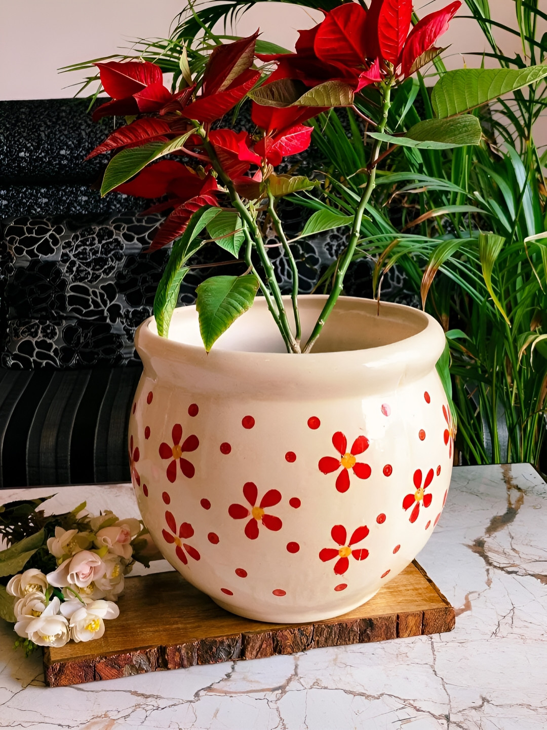 NIYARA White & Red Printed Ceramic Planter
