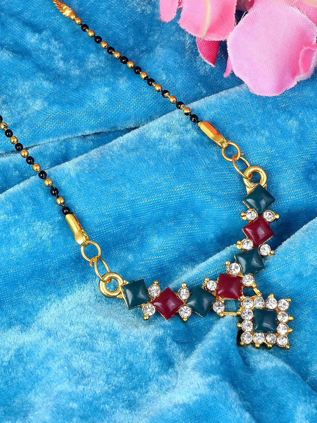 MEMOIR Gold-Plated Emerald Ruby & Beaded Imitaiton Diamond Mangalsutra