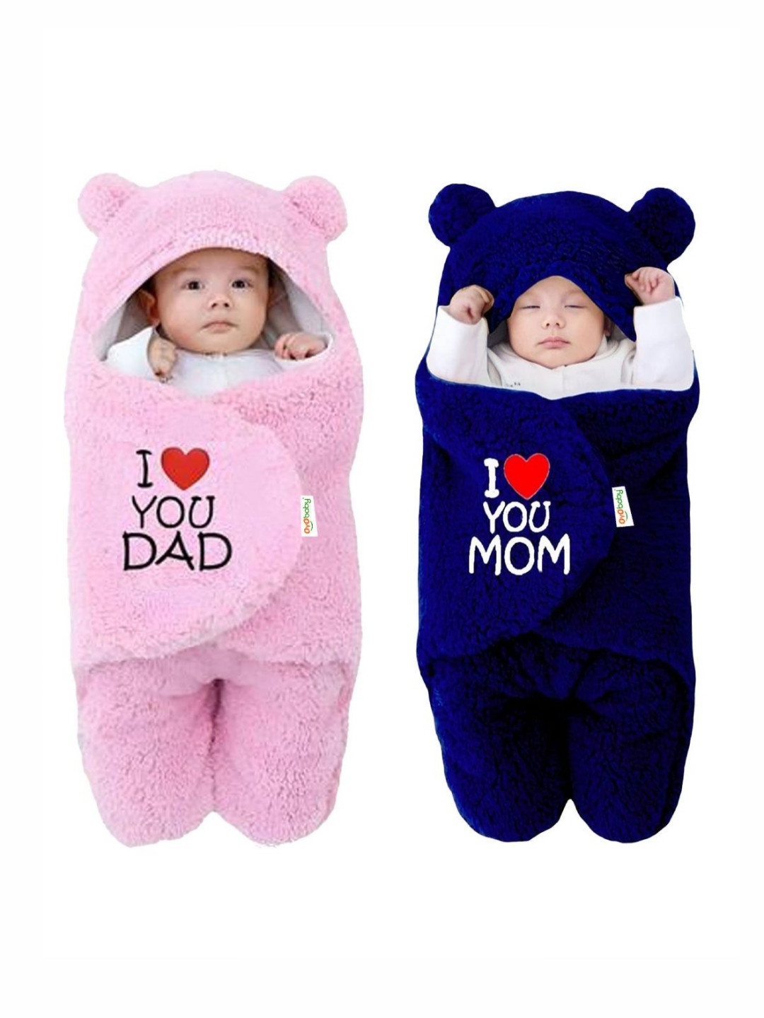 OyO Baby Kids Navy 2 Pieces Embroidered Hooded Baby Blanket I love You Mom & Dad