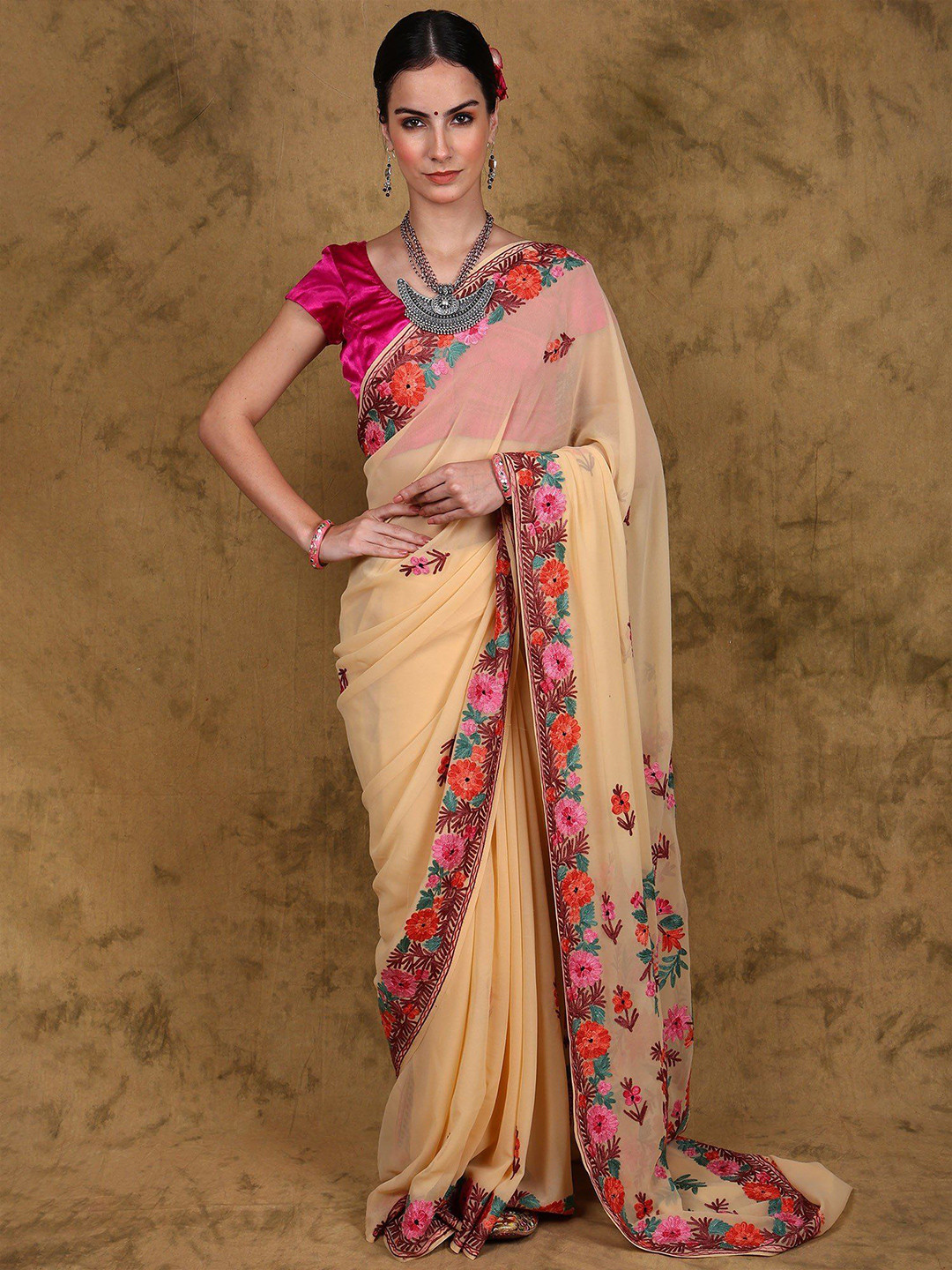 Exotic India Georgette Kashmir Saree with Floral Aari Embroidery on Aanchal and Border