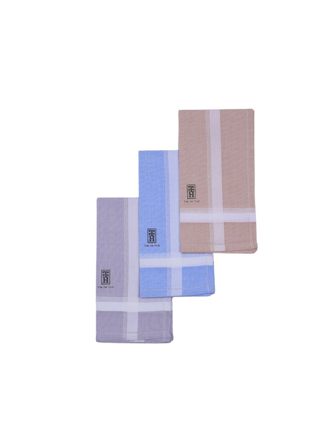 The Tie Hub Men Pack Of 3 Checked Border Pure Cotton Handkerchiefs