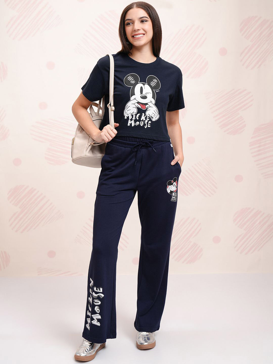 Tokyo Talkies Navy Blue Disney Mickey Mouse Printed Pure Cotton T Shirt With Trouser