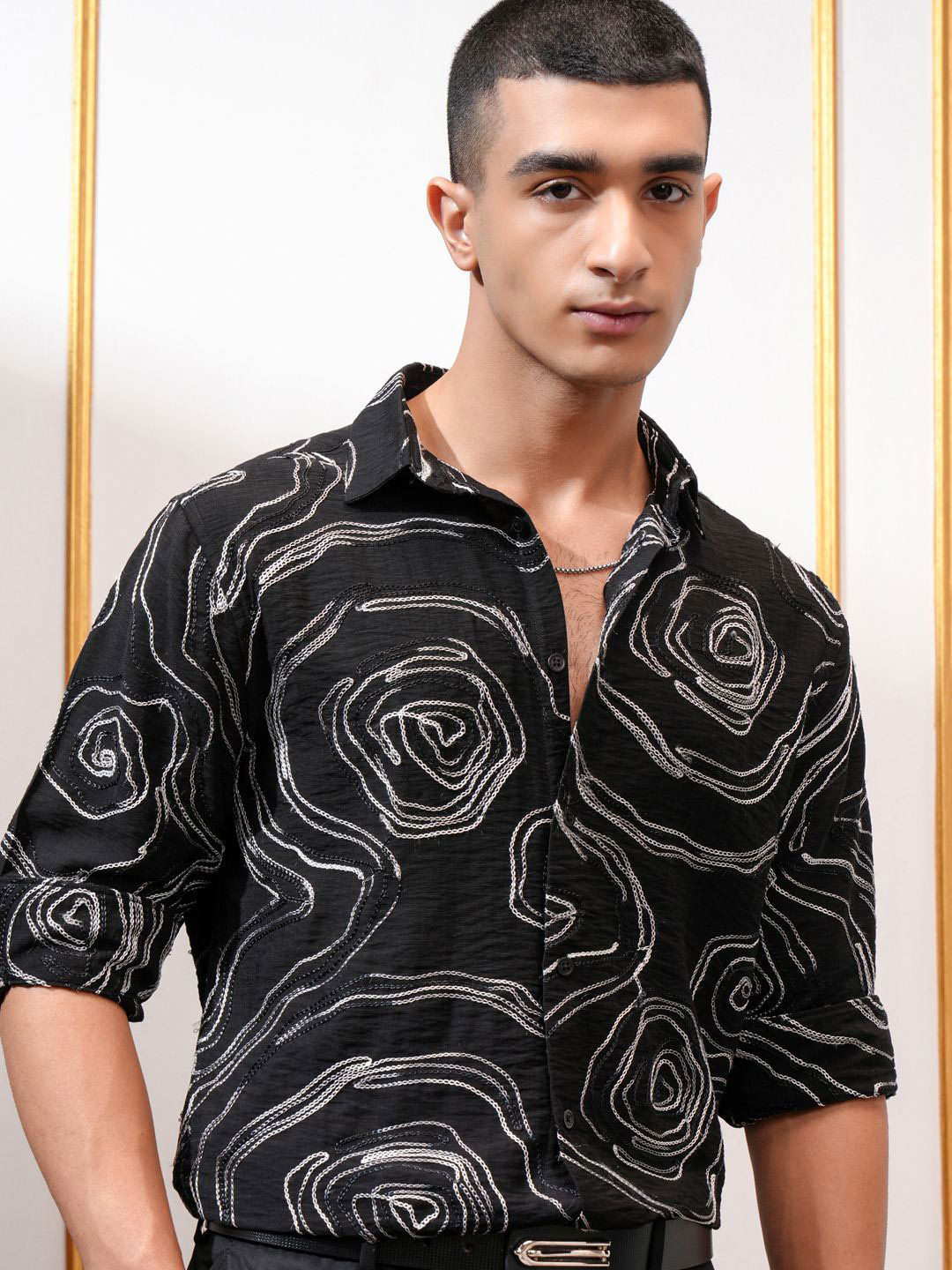 Highlander Men Black Chain Stitch Embroidered Occashion Slim Fit Shirt