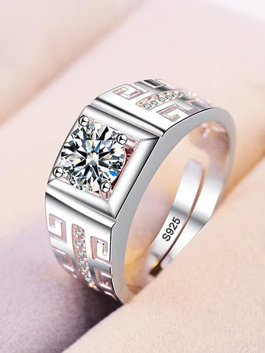 Lila Men 925 Sterling Silver-Plated American Diamond Stone Studded Adjustable Finger Ring