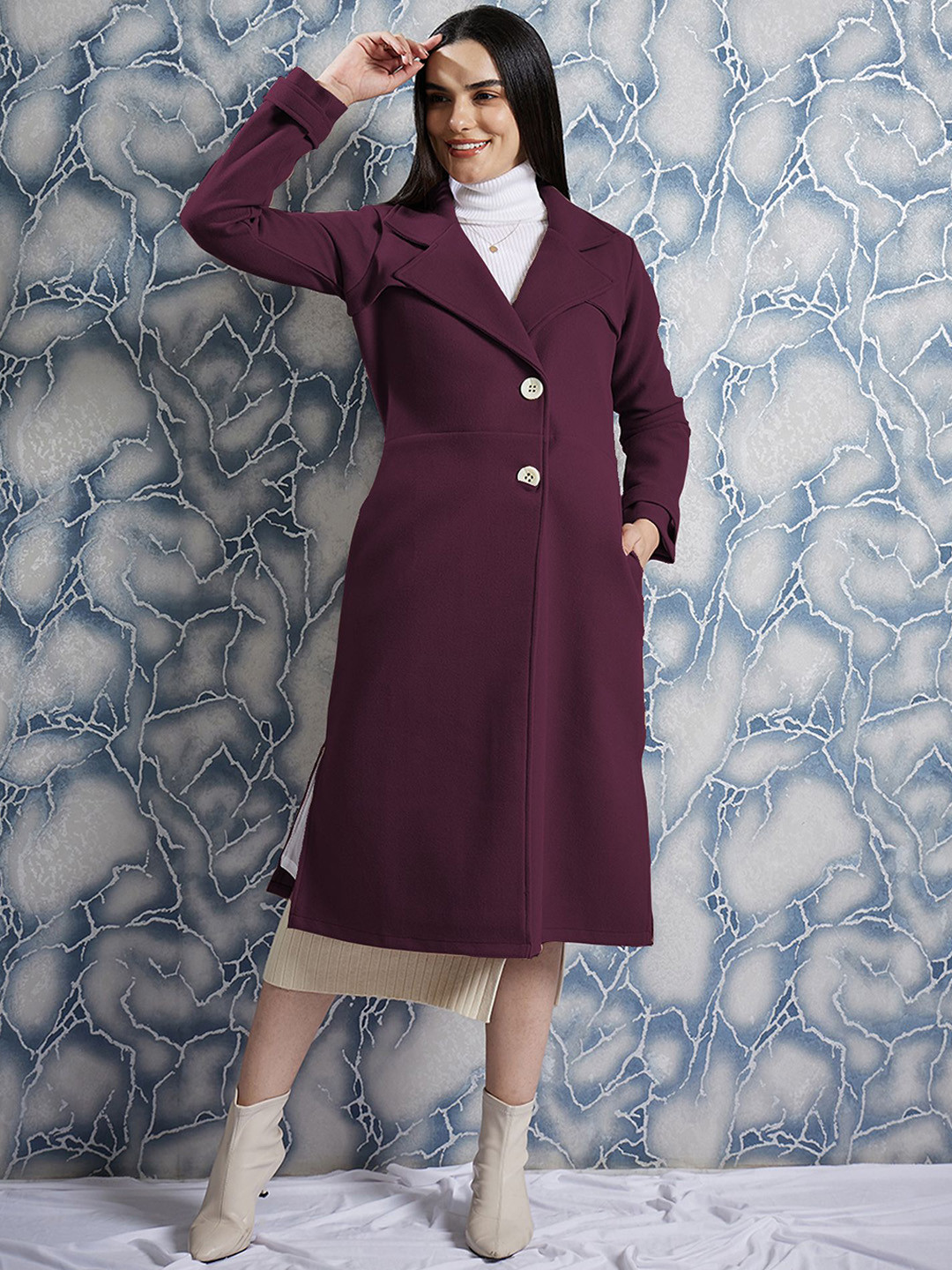 Athena Women Notched Lapel Woolen Over Coat