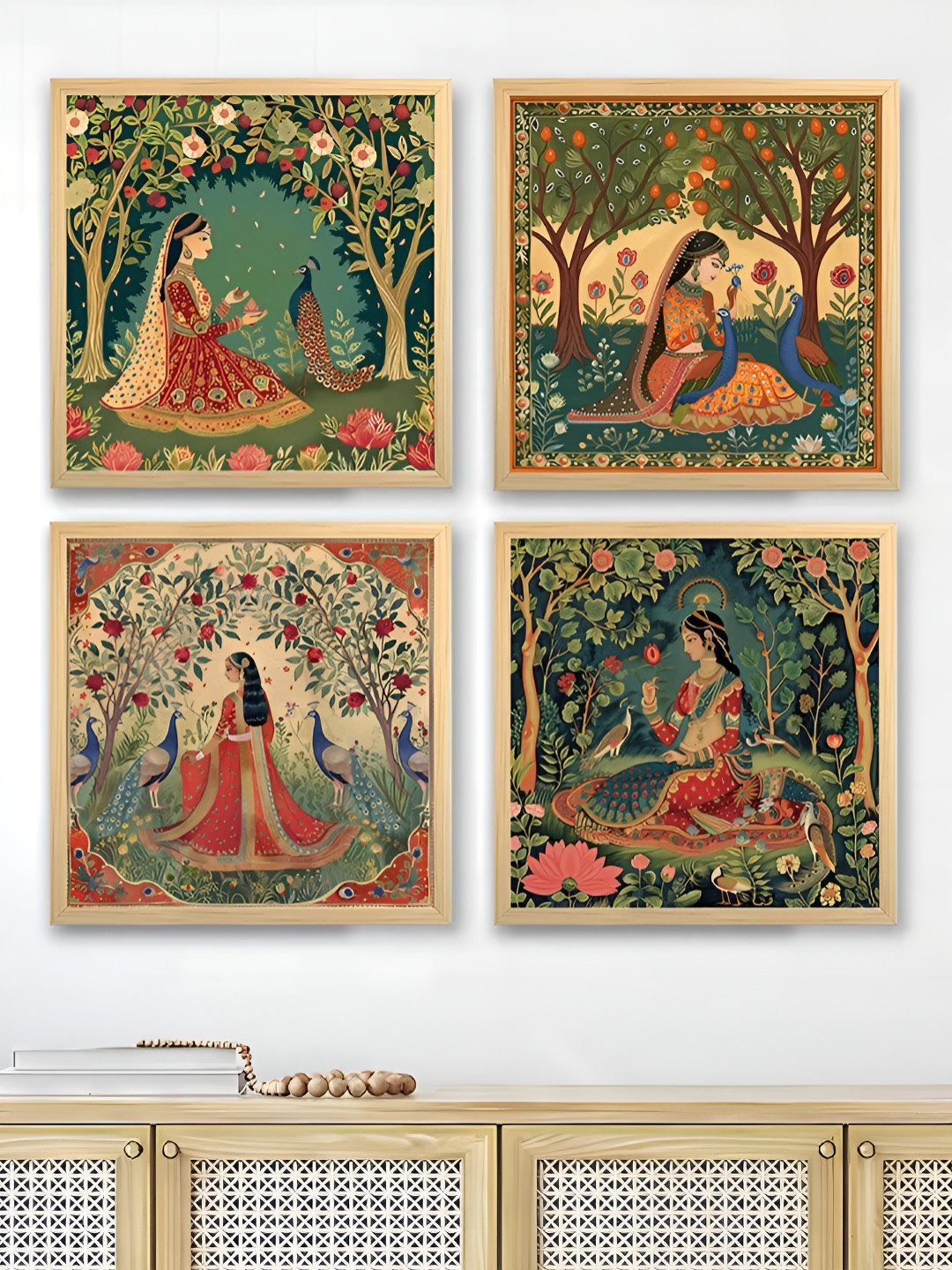 Art Street Mughal Inspired Synthetic Wood 4 Piece Square Paintings Wall Art - 13.5x13.5 In