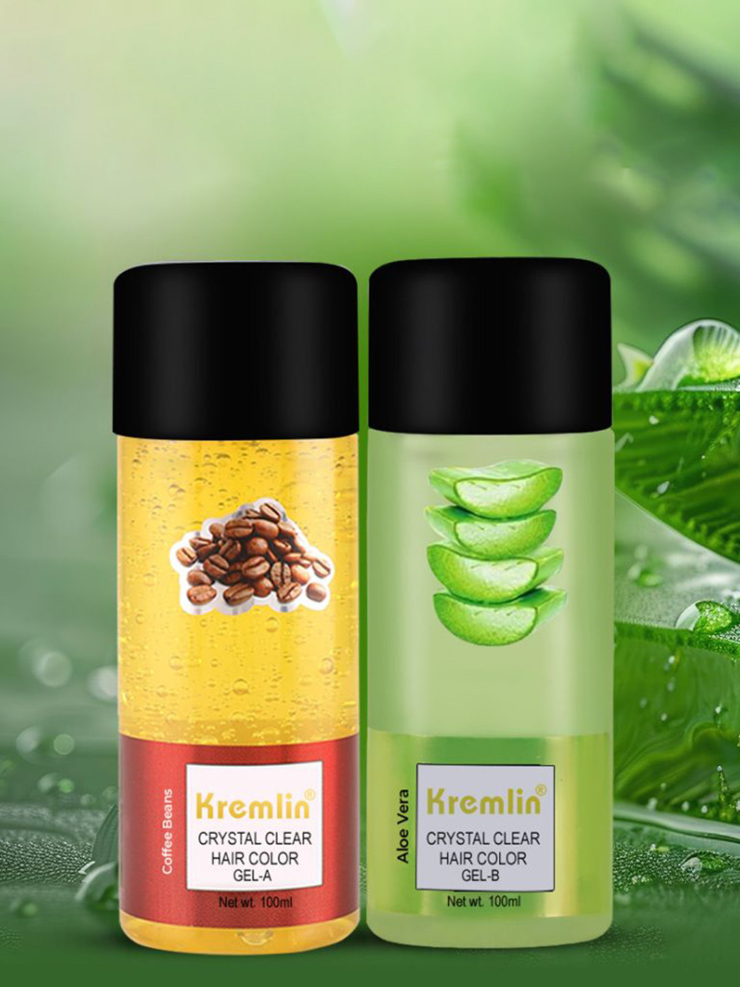 Kremlin Set of 2 Crystal Clear Coffee Beans  & Alovera Gel Hair Color- 100ml Each - Black