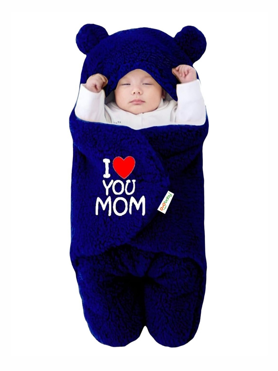 OyO Baby Infants Kids Navy Blue I love You Mom Embroidered AC Room Hooded Baby Blanket