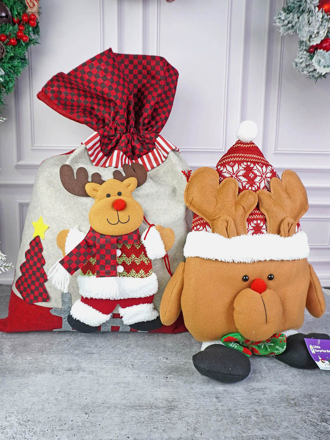 Little Surprise Box LLP Red & Brown 2 Pieces Patterned Christmas Pillow & Sack Decor