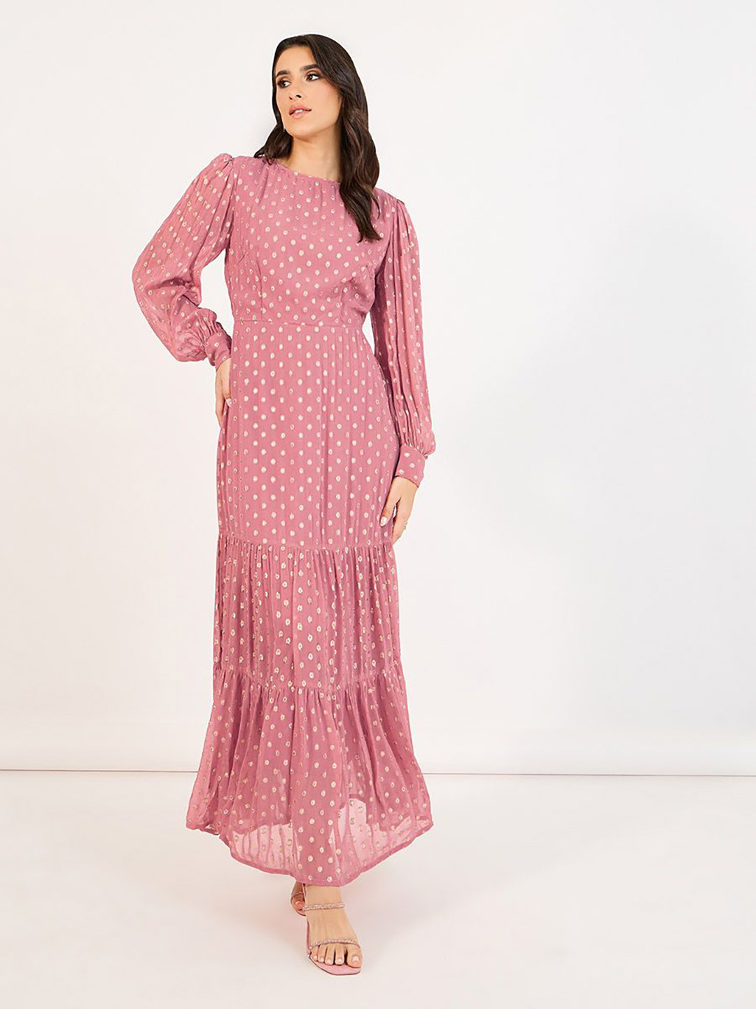 Styli Women Polka Dot Round Neck Puff Sleeves Tiered Maxi Dress