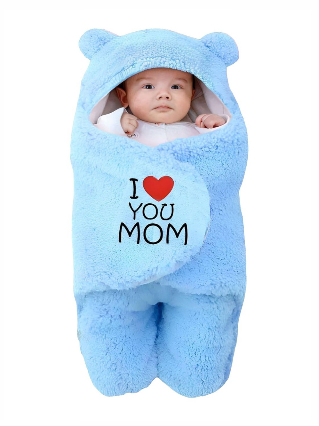 OyO Baby Infants Kids Blue Embroidered 550GSM Ac Room Hooded Baby Blanket I love You Mom