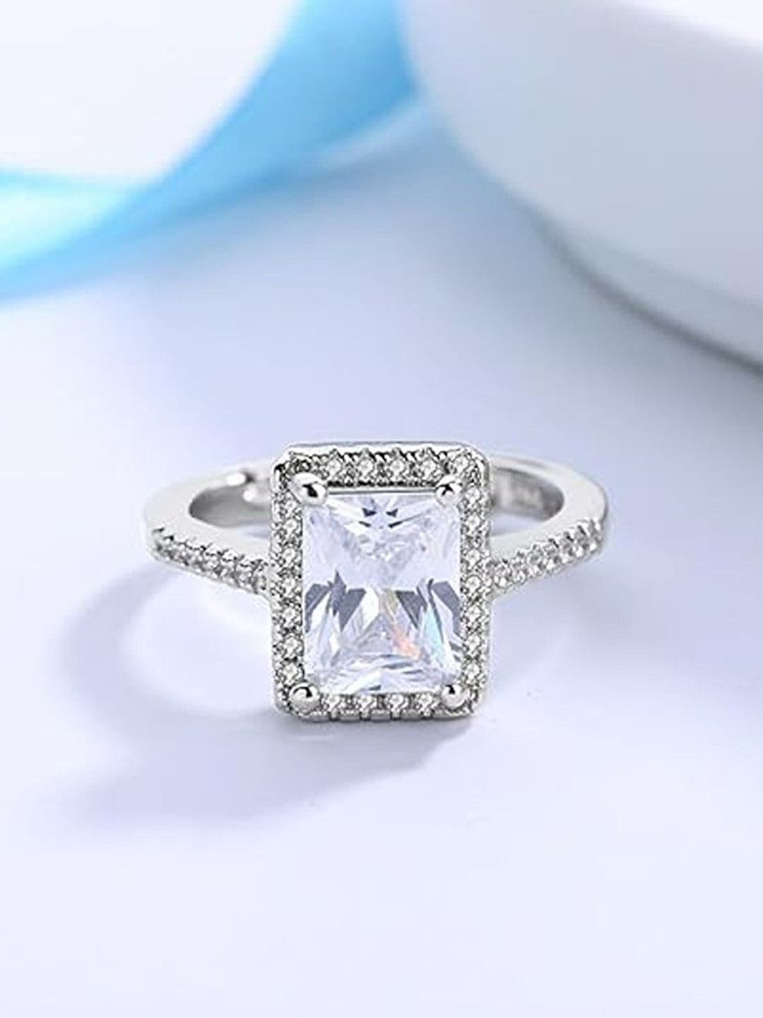 Lila Silver-Plated Stainless Steel Princess Style Square CZ-Studded Adjustable Finger Ring