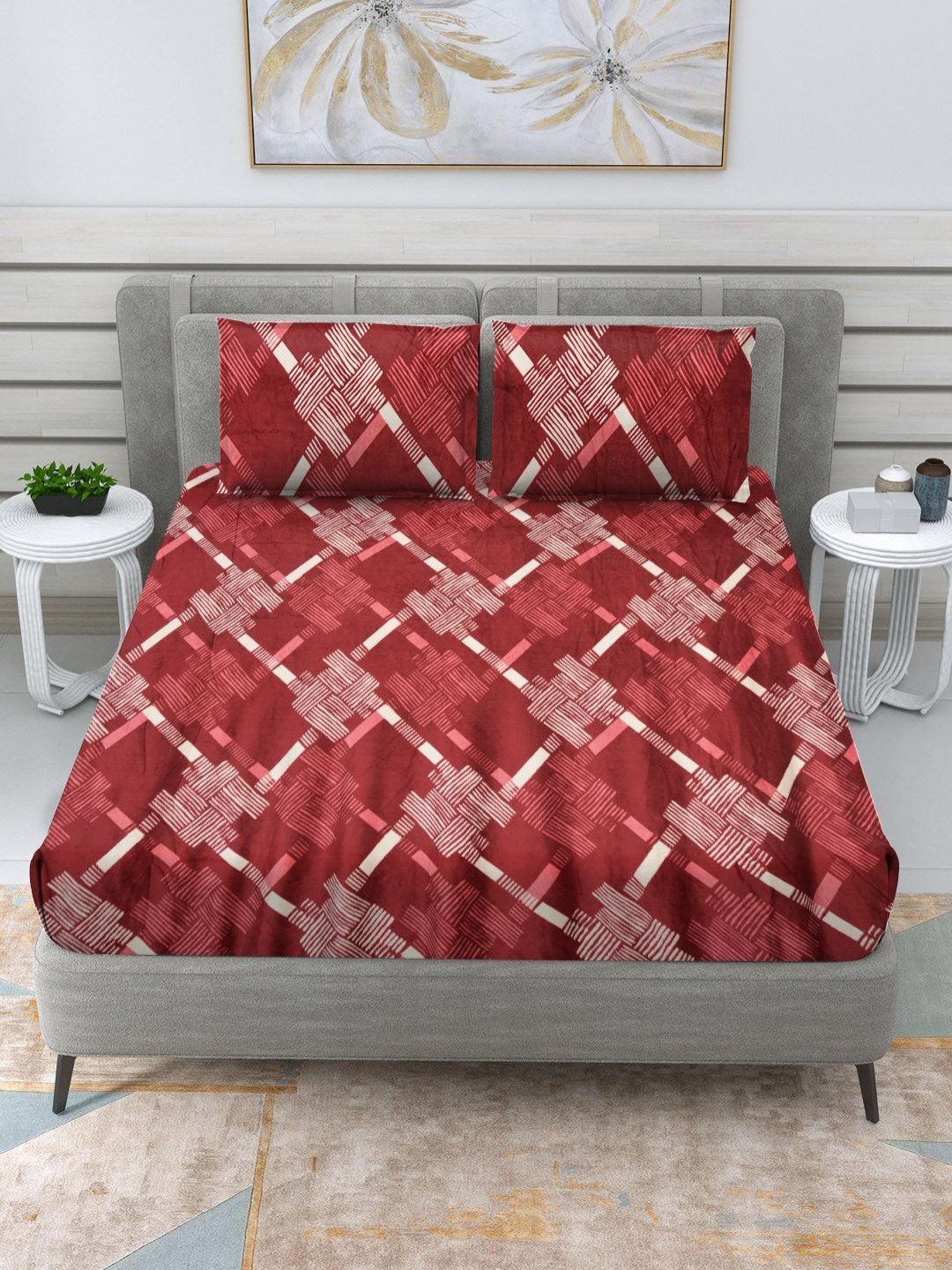 Myntra Elegant Homes RR Creations Red Abstract Wool 300 TC Queen Fine Bedsheet with 2 Pillow Covers-100 x 90 inches