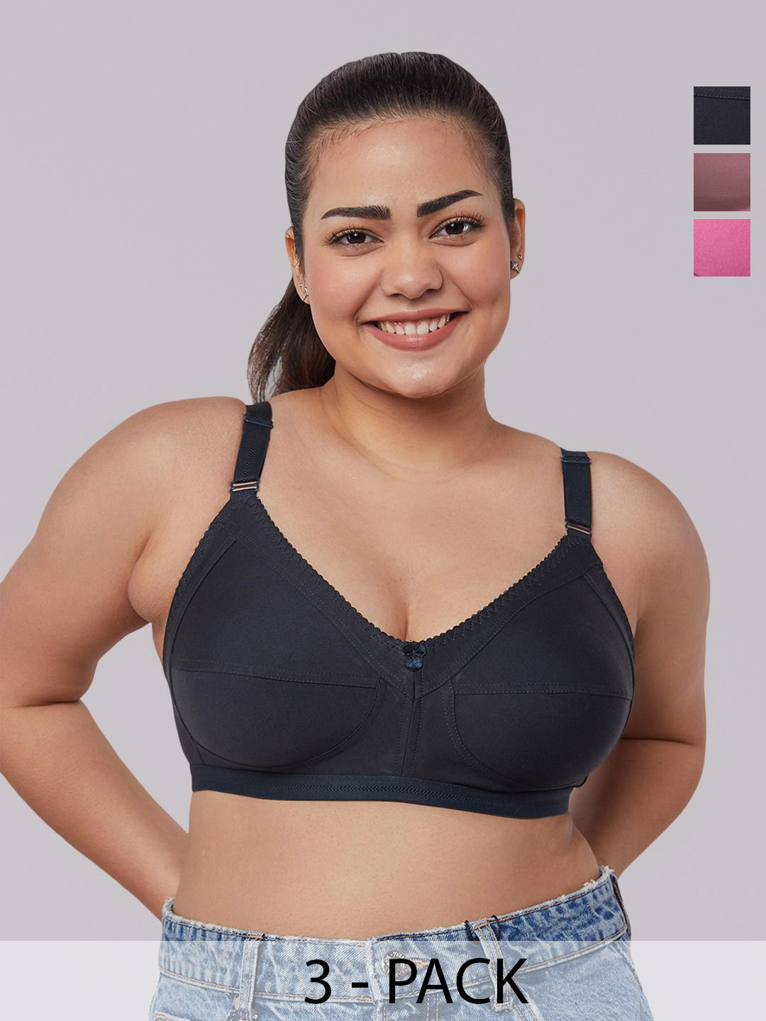 MAASHIE M307 Pack of 3 Non Padded Everyday Minimizer Bra OLV-BLSH-CHCL