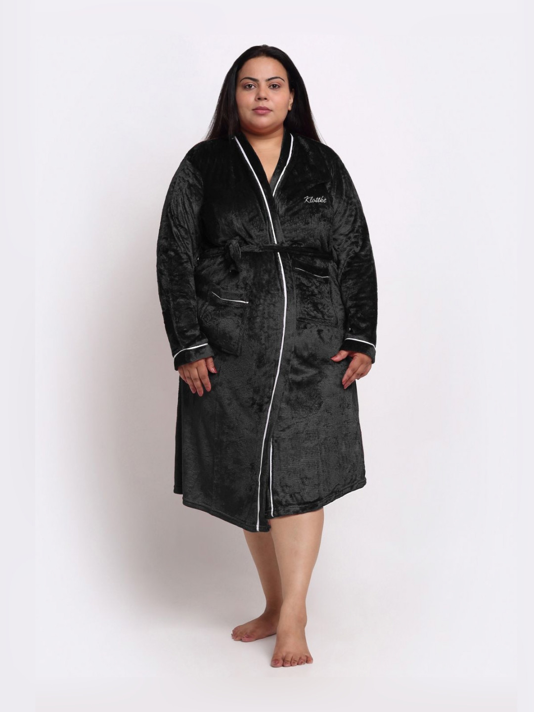 KLOTTHE Black Solid Wool Tie-Ups Midi Bath Robe-5XL