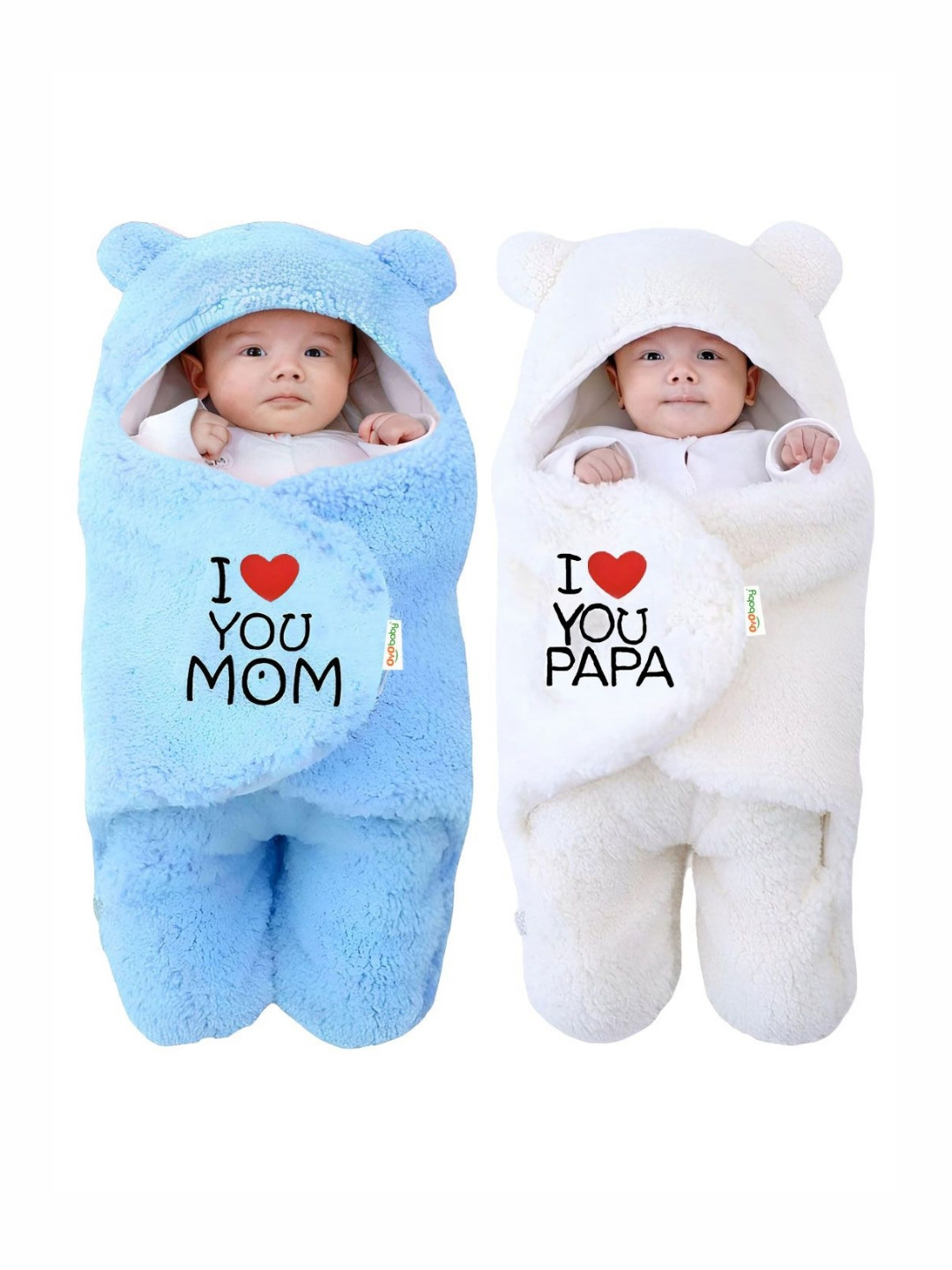 OyO Baby Kids Blue & White 2 Pieces Embroidered Hood Baby Blanket I love You Mom & Papa